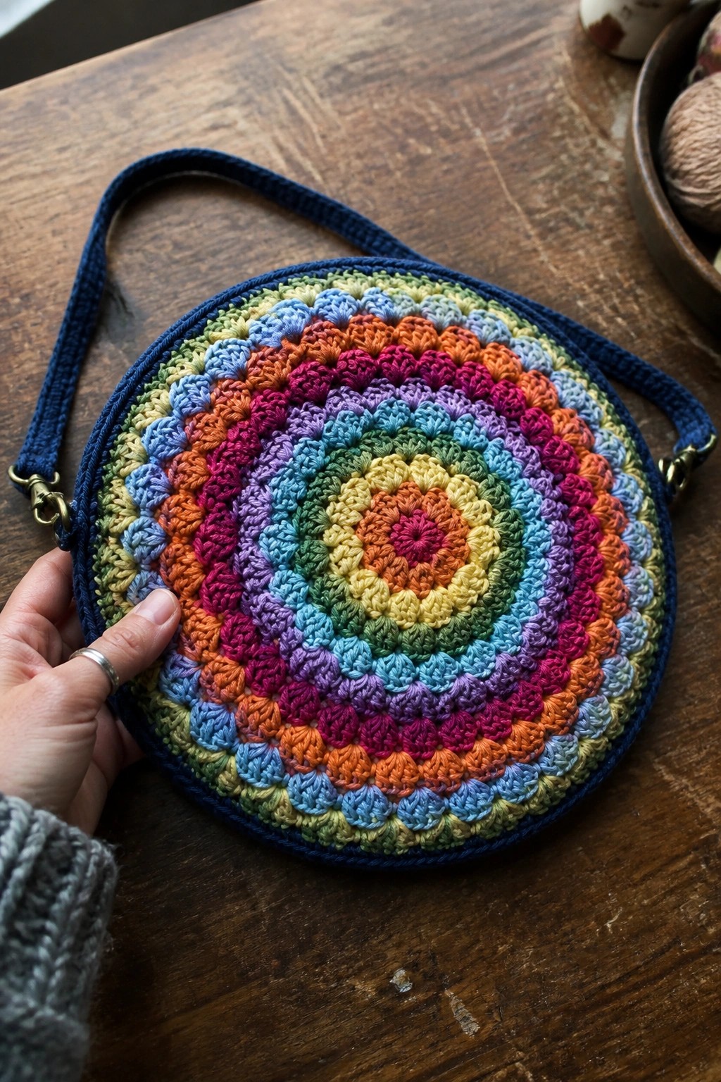 Hand holding rainbow crocheted circular bag with blue strap on wooden table.