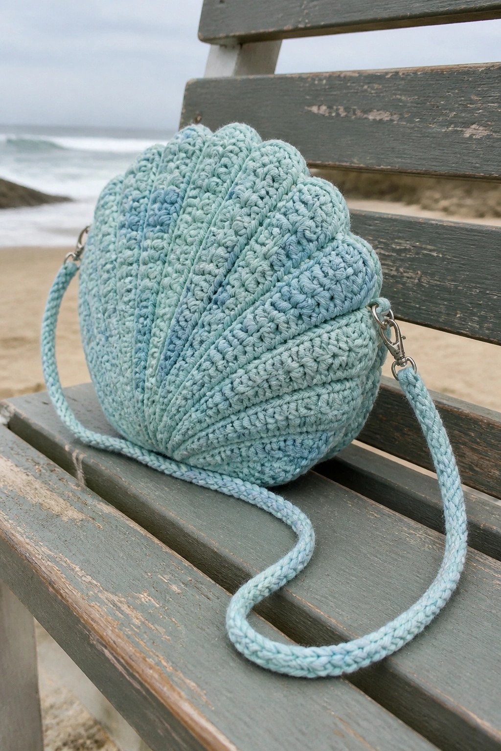 Light blue crocheted seashell purse on weathered bench by the ocean.