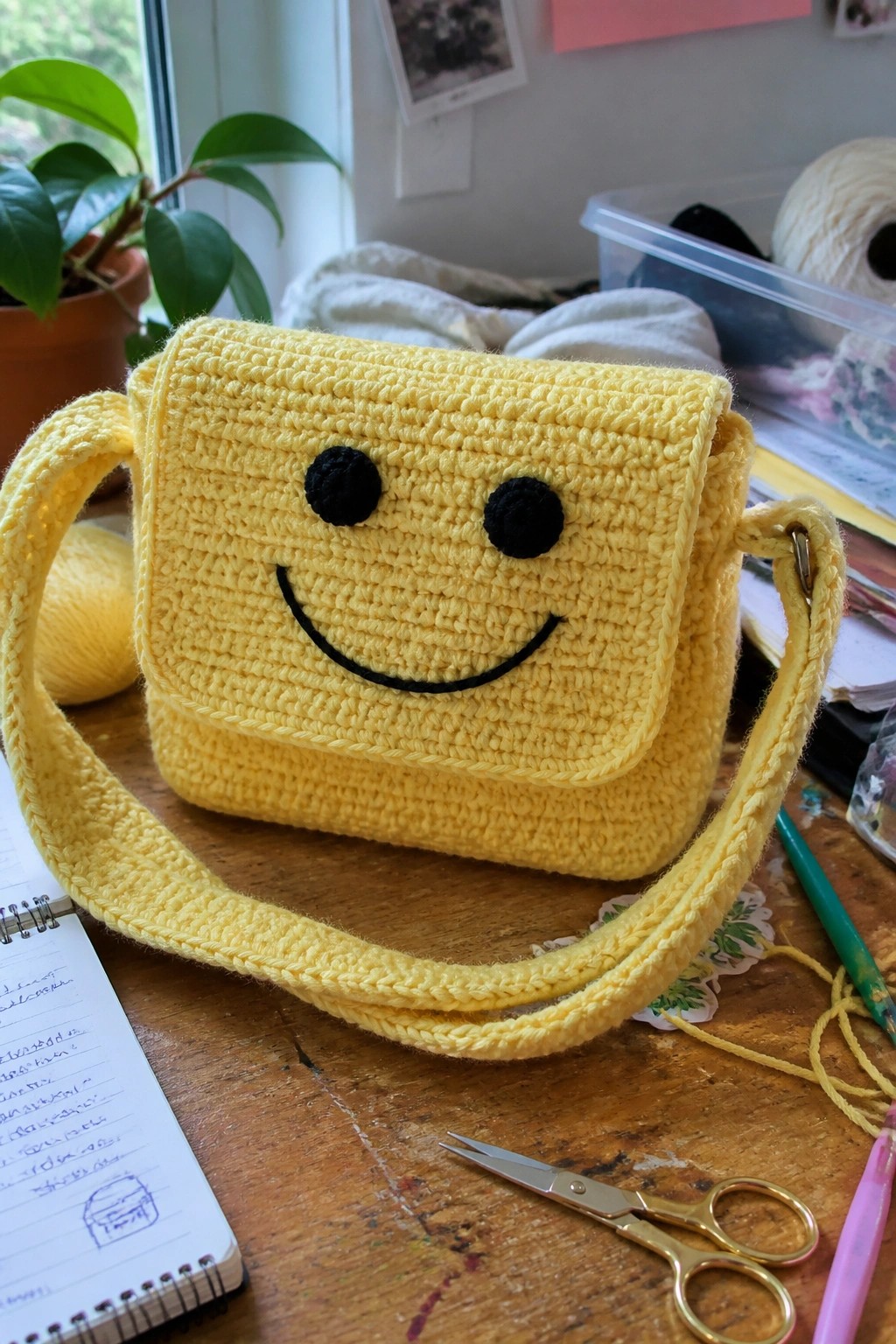 A yellow crocheted crossbody bag with black smiley face on the flap sits on a wooden table surrounded by yarn, scissors, and a notebook.