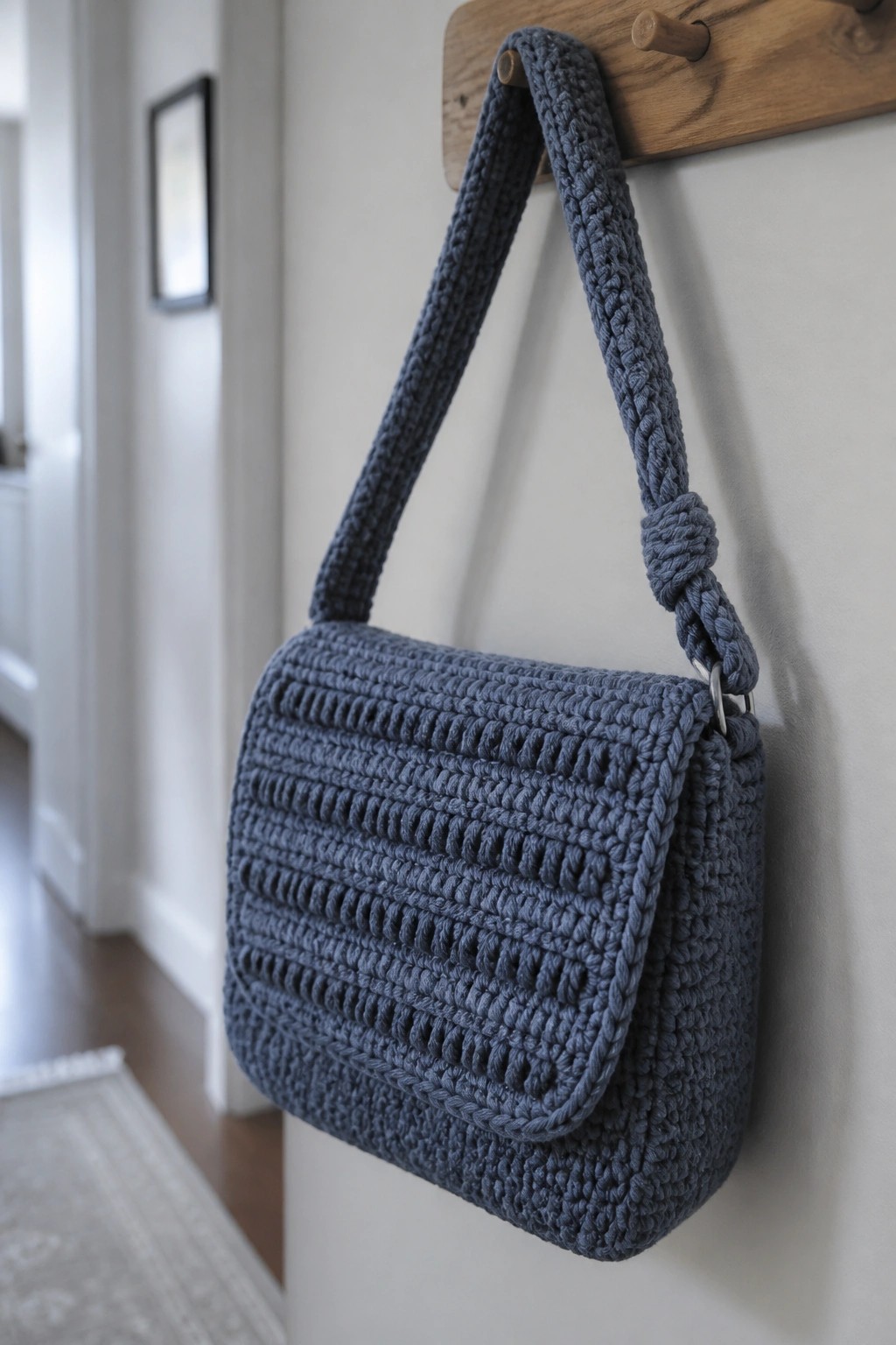 A blue crocheted crossbody bag with a flap and knotted strap hangs from a wooden wall peg.
