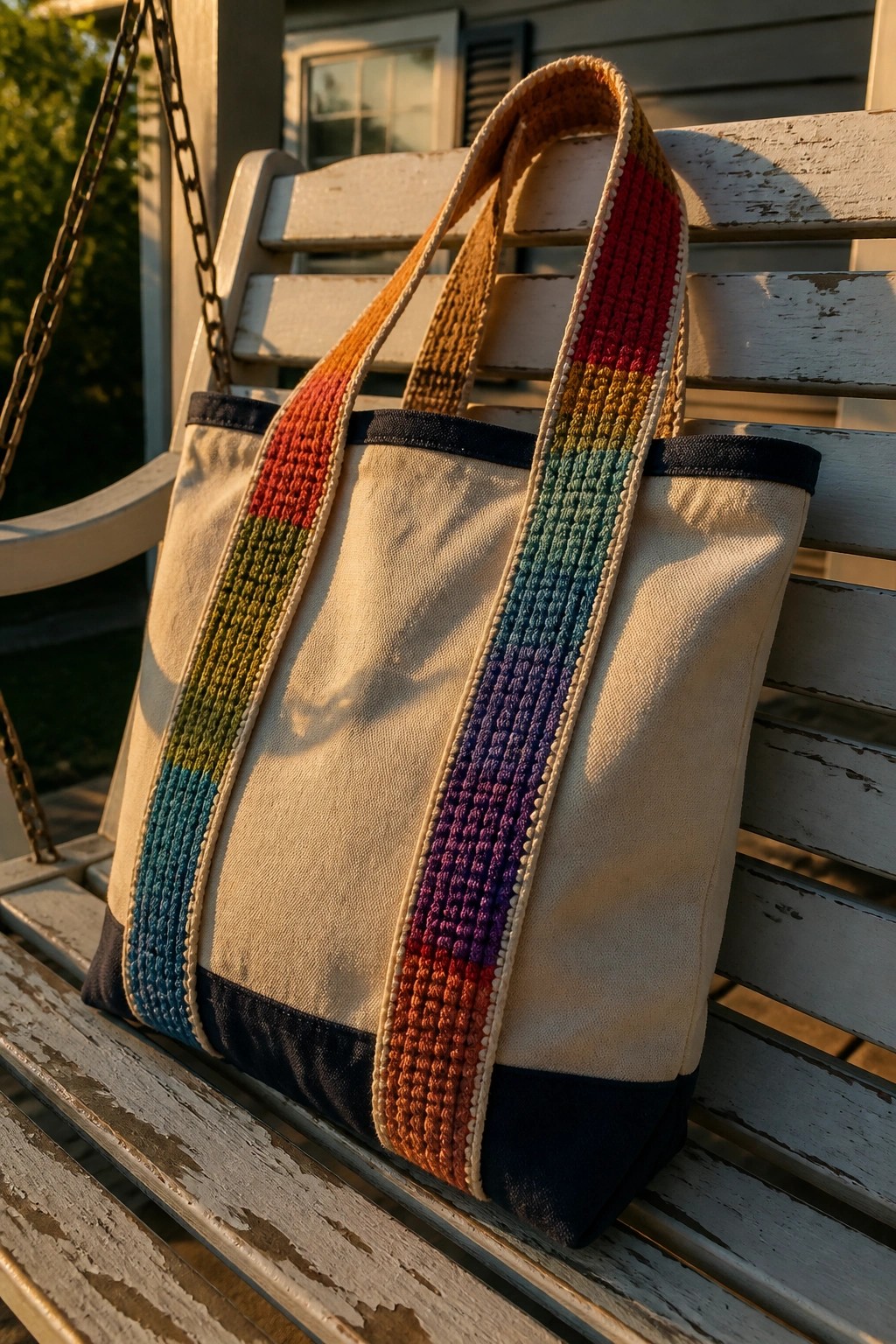 Rainbow canvas tote bag with crocheted stripes on weathered white wooden bench