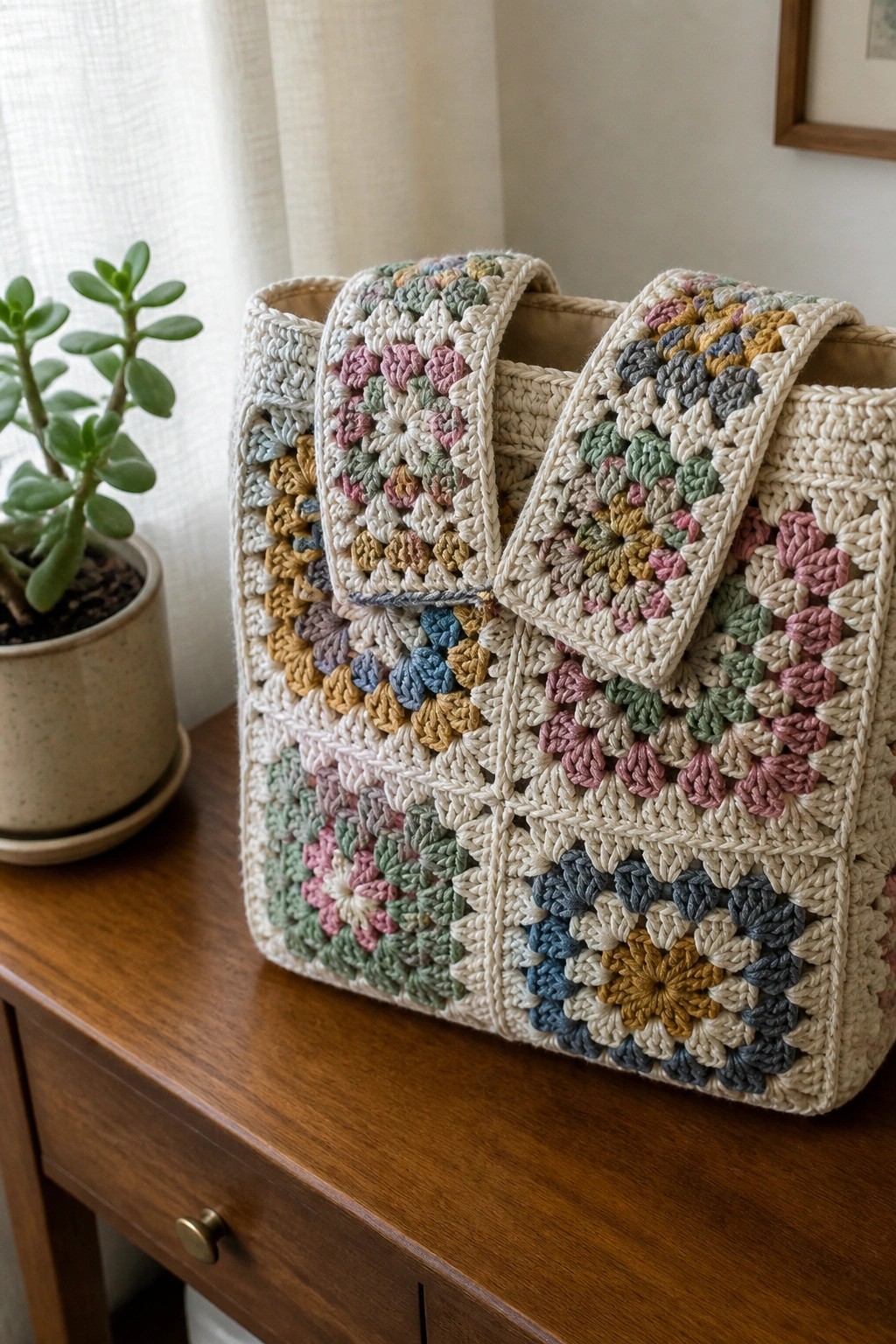 Colorful granny square crochet tote bag on wooden table beside potted plant