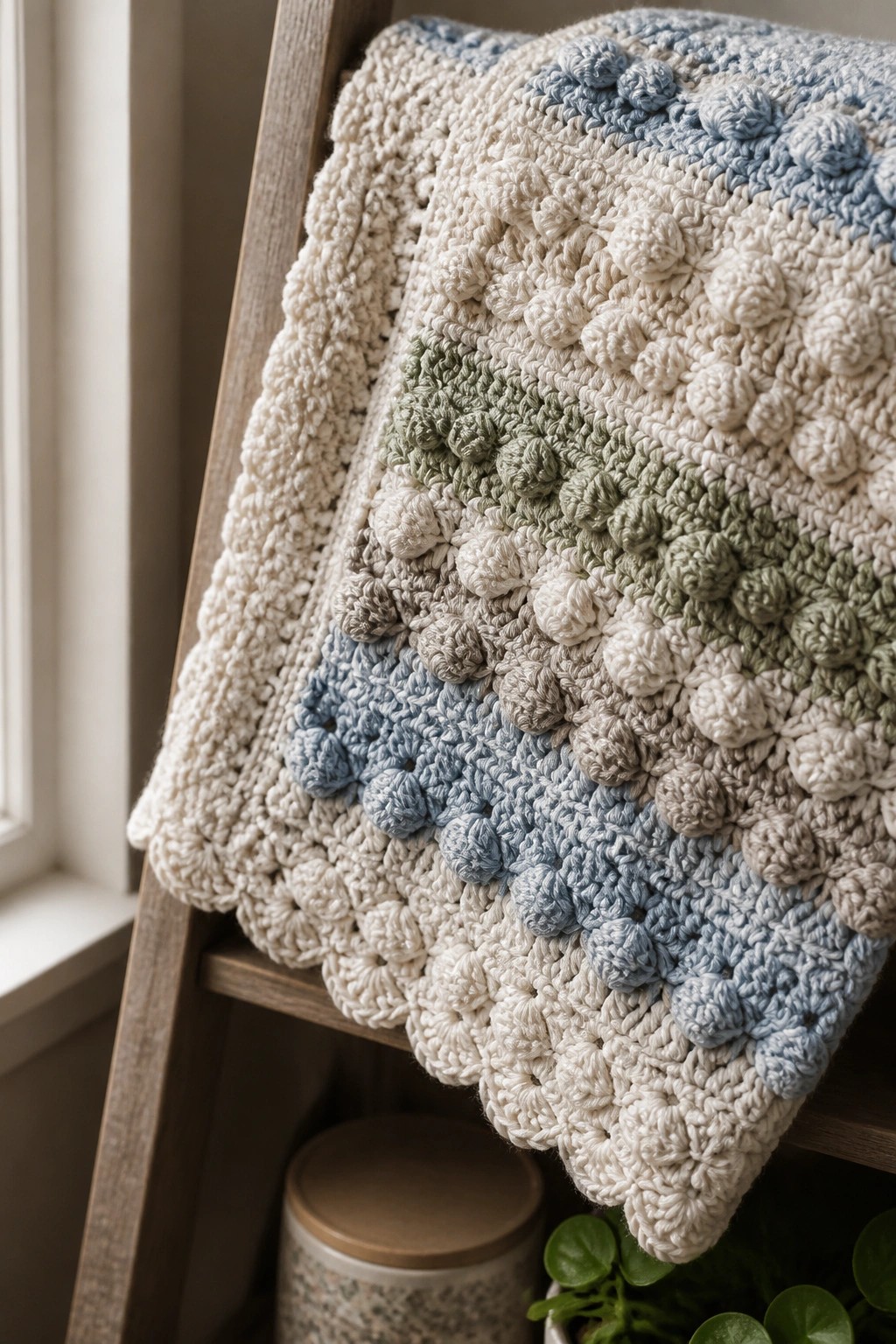 Bobble-stitch crochet blanket in cream, blue, and green on wooden ladder