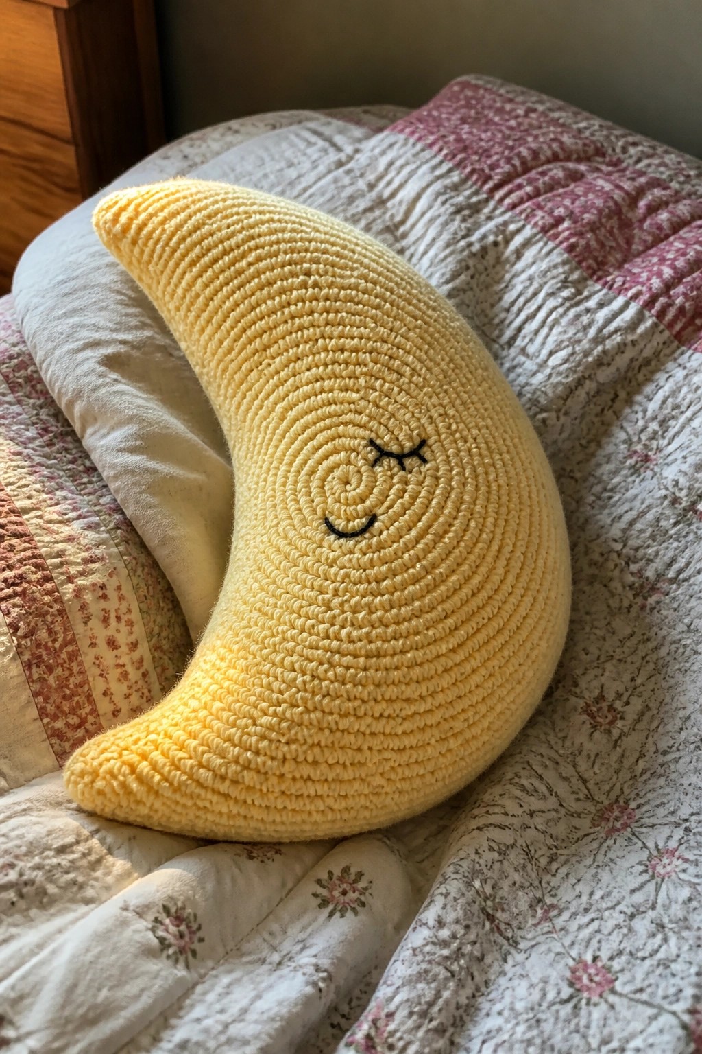 Yellow crocheted crescent moon pillow with smiling face on floral quilt.