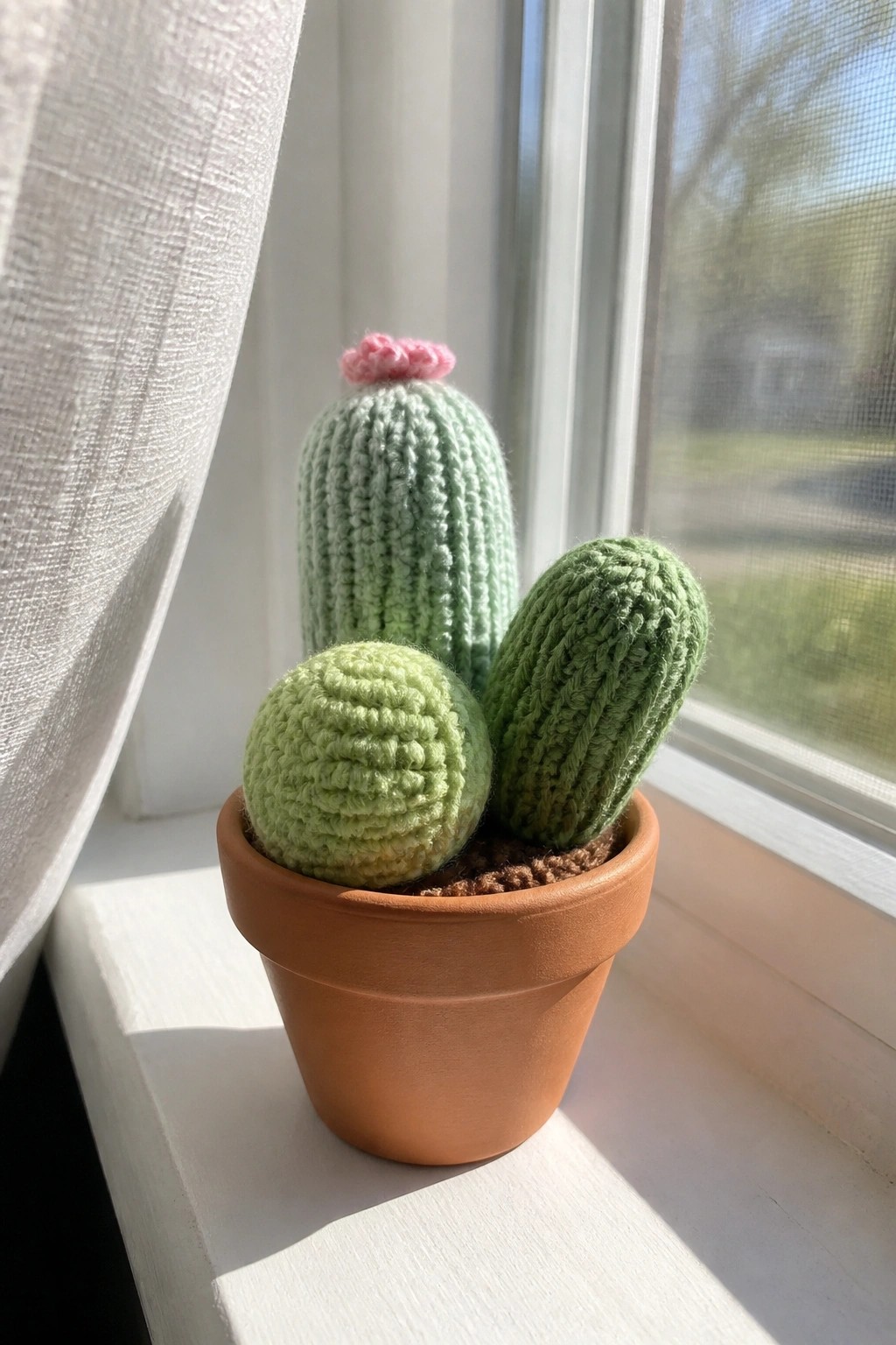 Three crocheted green cacti with pink top in terracotta pot on sunny windowsill