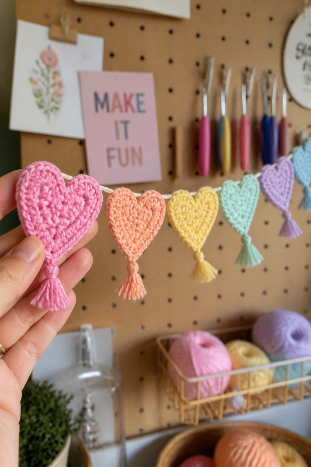 Hand holding colorful crocheted heart garland with tassels against craft pegboard.