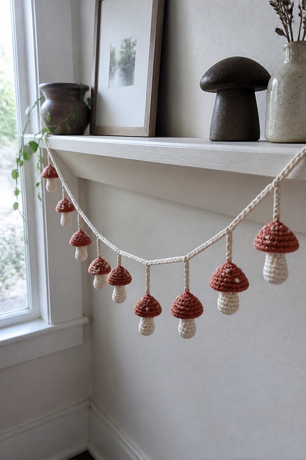 Crocheted mushroom garland with spotted red caps hanging on white mantel