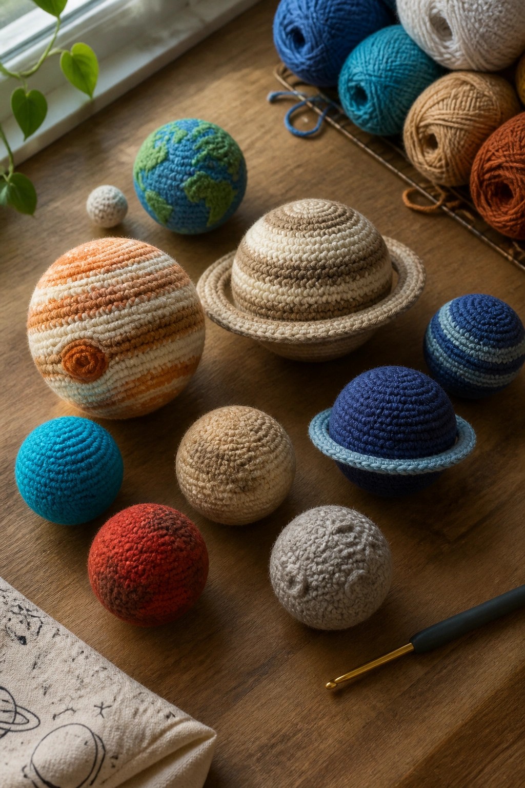 Crocheted planets of various sizes and colors sit on a wooden table beside yarn balls and a crochet hook.