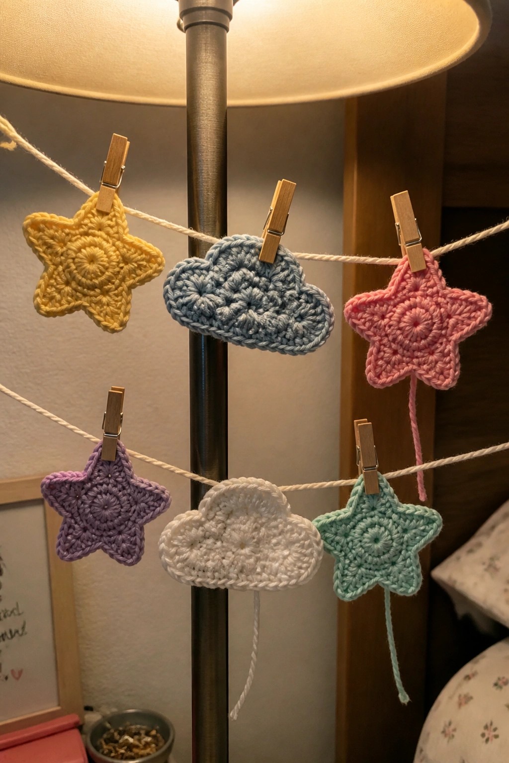 Colorful crocheted stars and clouds clipped with pins to strings on lamp pole.