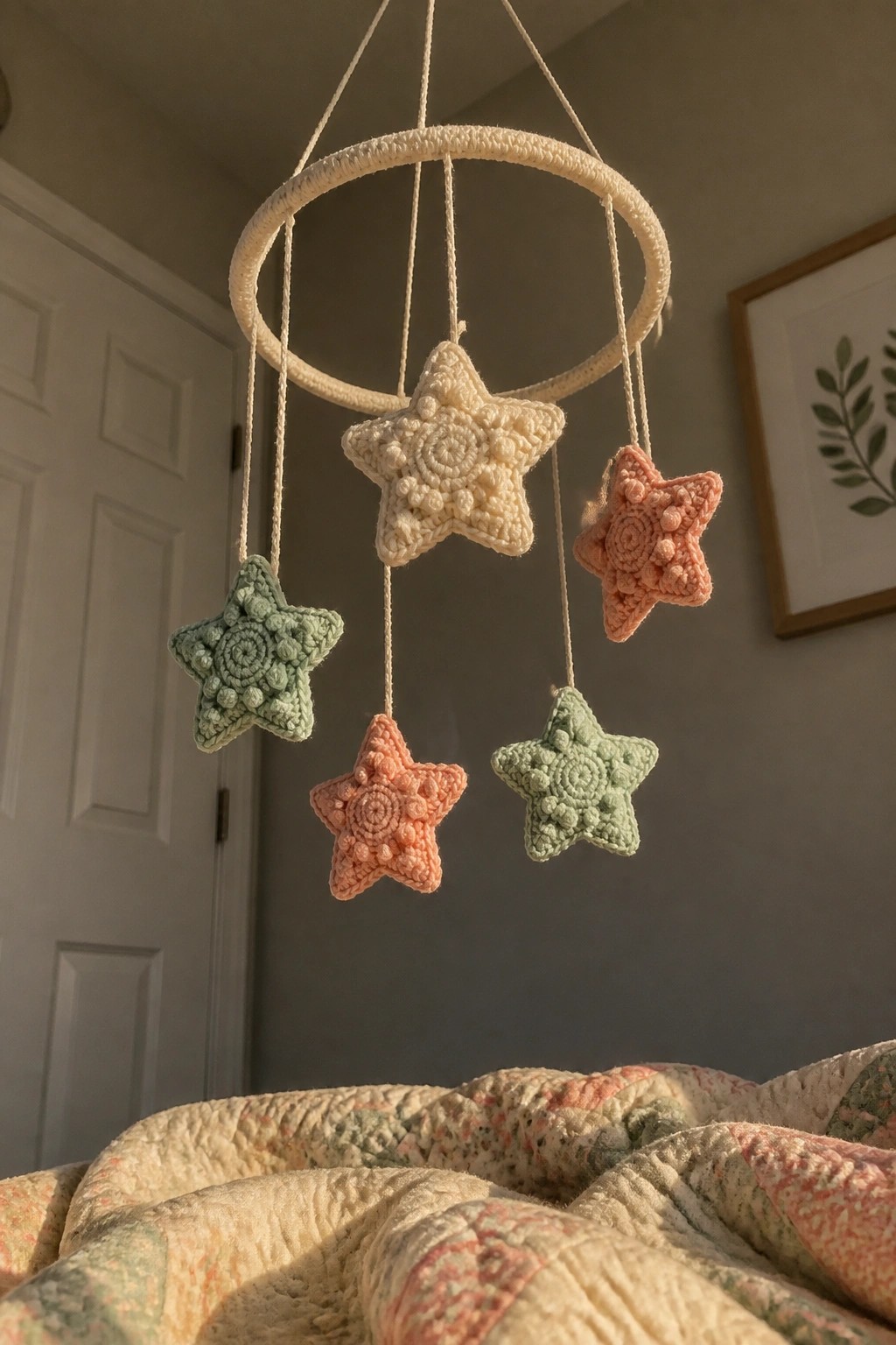Crocheted pastel star mobile hanging above a floral quilted blanket
