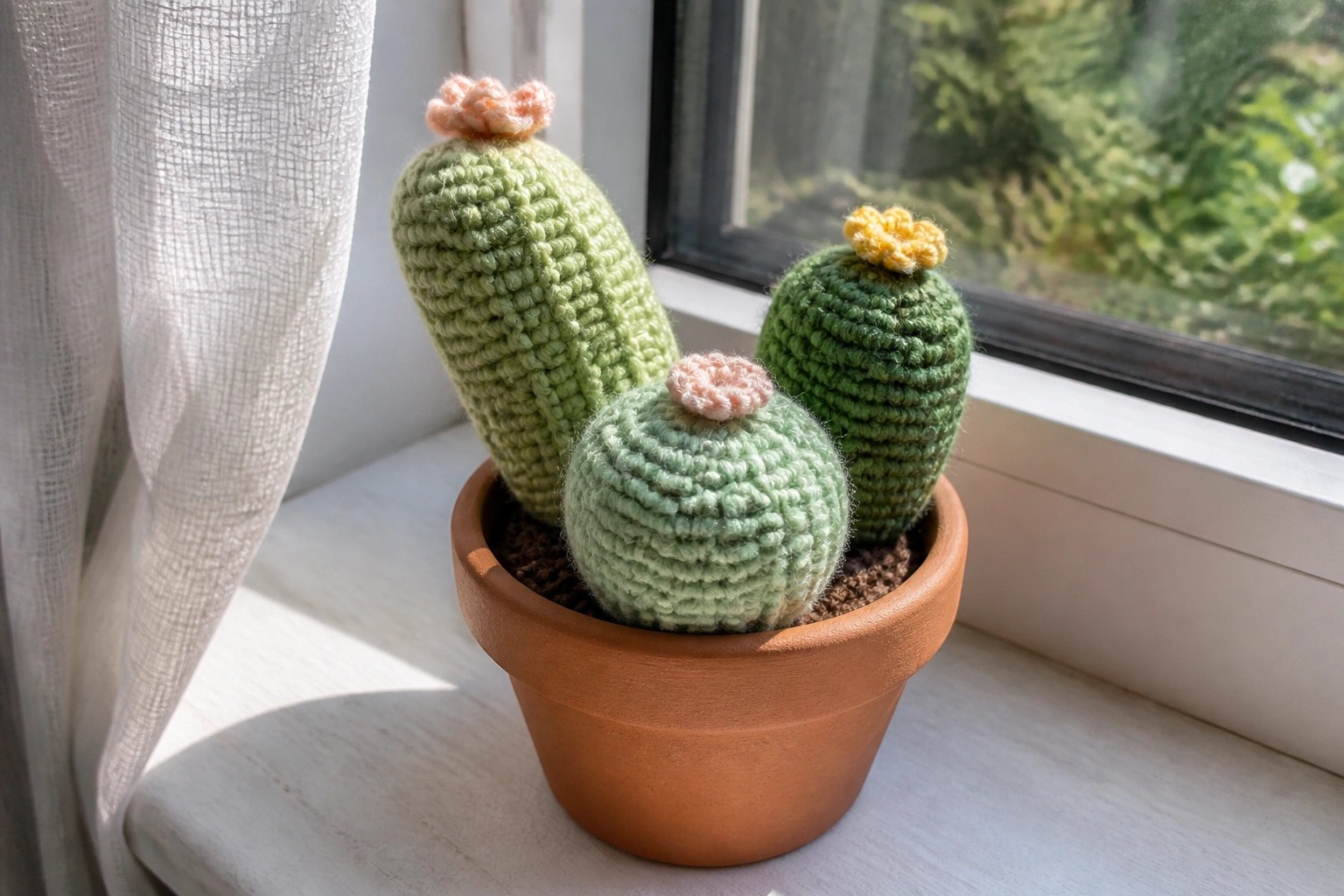Three crocheted green cacti with pink top in terracotta pot on sunny windowsill