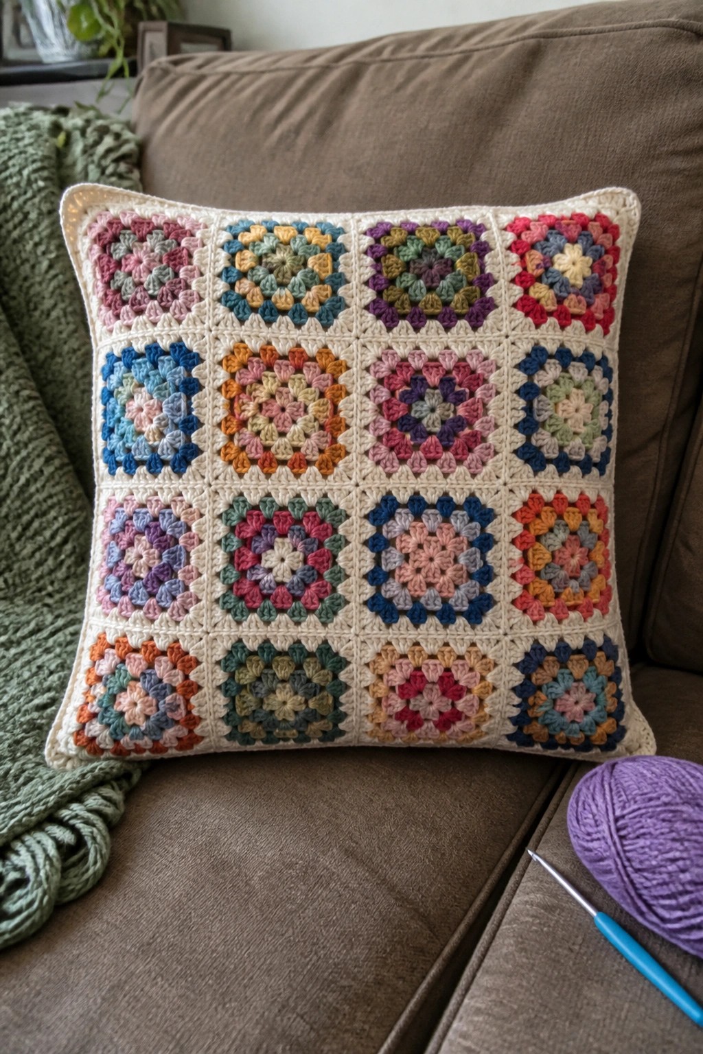 Colorful crocheted granny square pillow on brown couch beside purple yarn and hook.