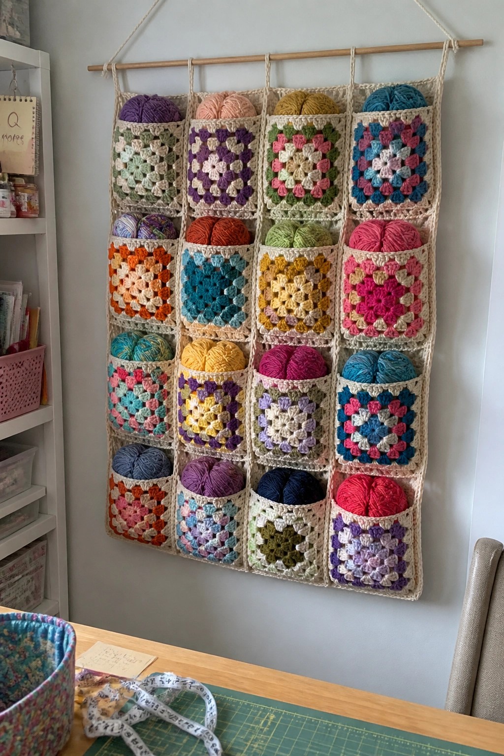 Crocheted granny square wall organizer with colorful yarn balls in pockets.