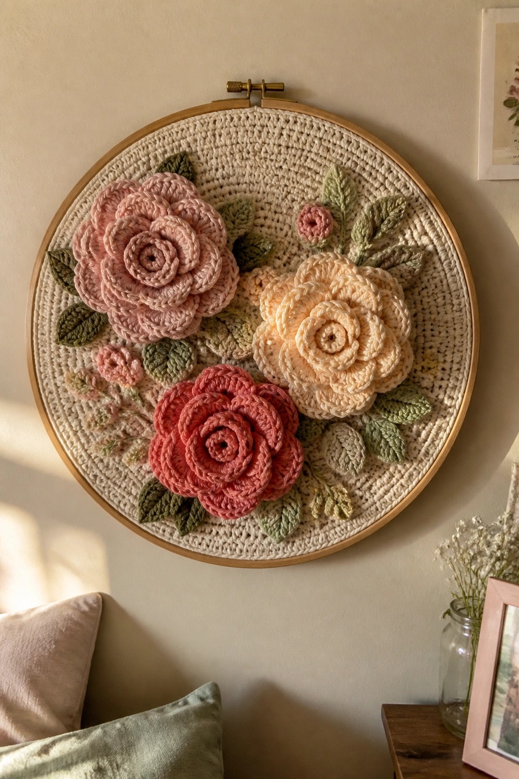 Crocheted pink, peach, and red roses in wooden embroidery hoop with green leaves