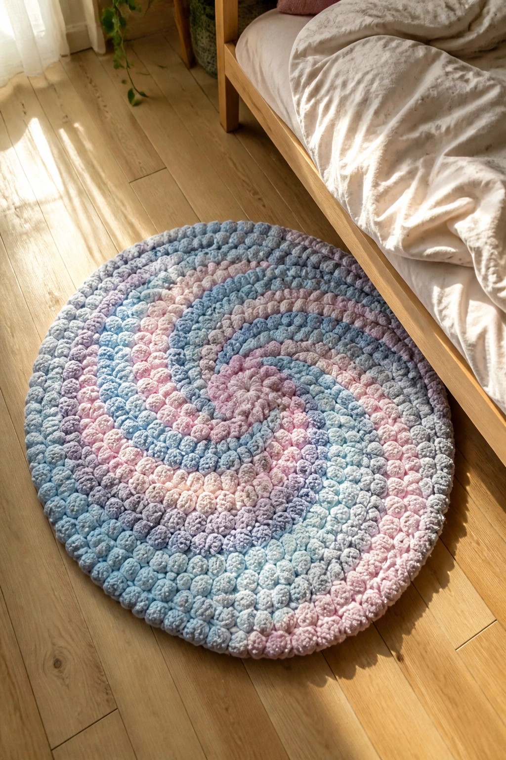 Round pastel spiral rug on wooden floor beside bed with white linens
