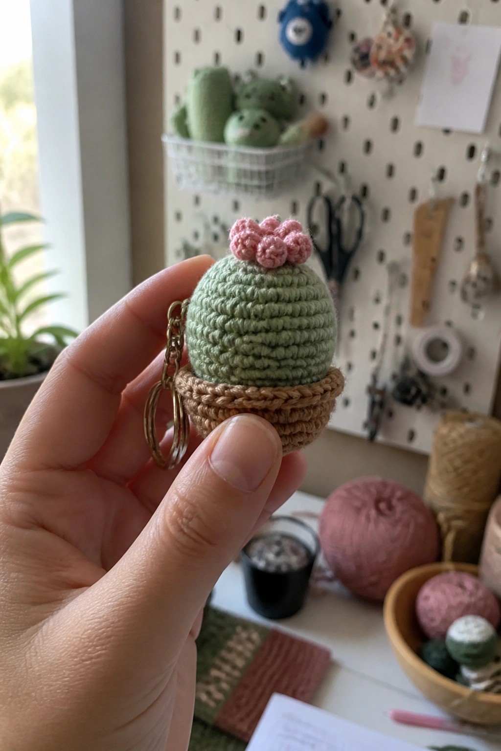 Hand holding crocheted green cactus keychain with pink flowers and brown base.