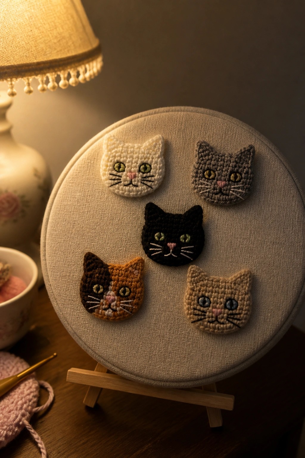 Five crocheted cat faces in different colors mounted inside a fabric embroidery hoop on a wooden stand.