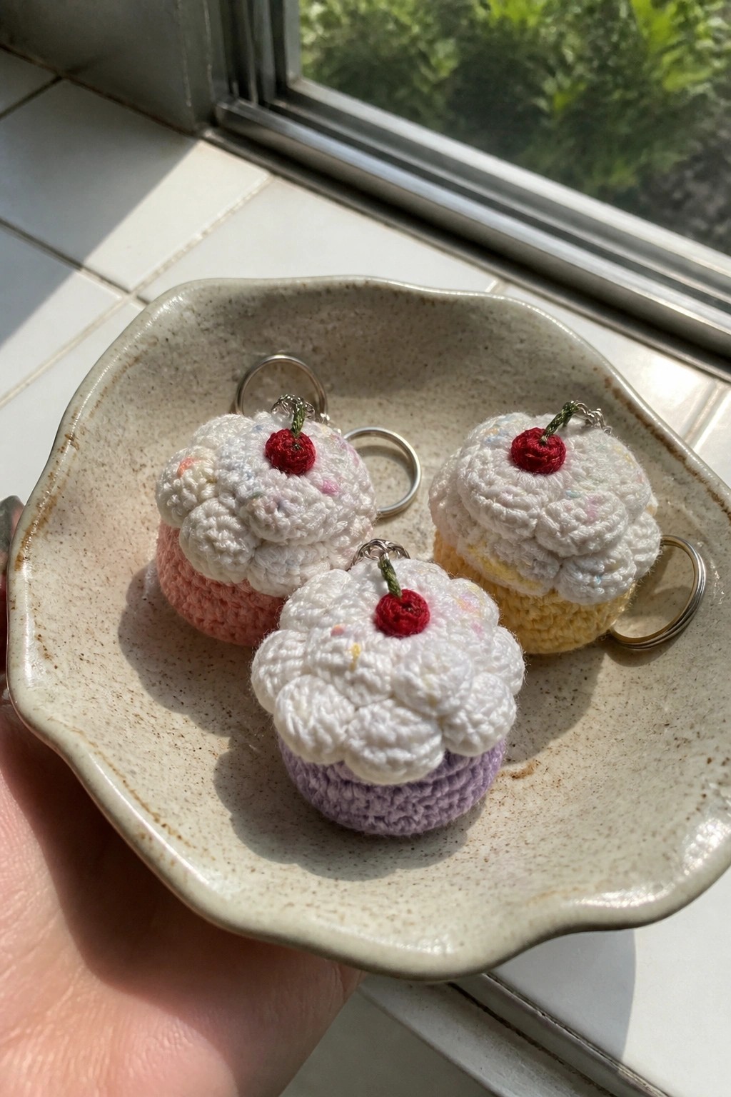 Three crocheted cupcake keychains with cherries in a speckled ceramic bowl.