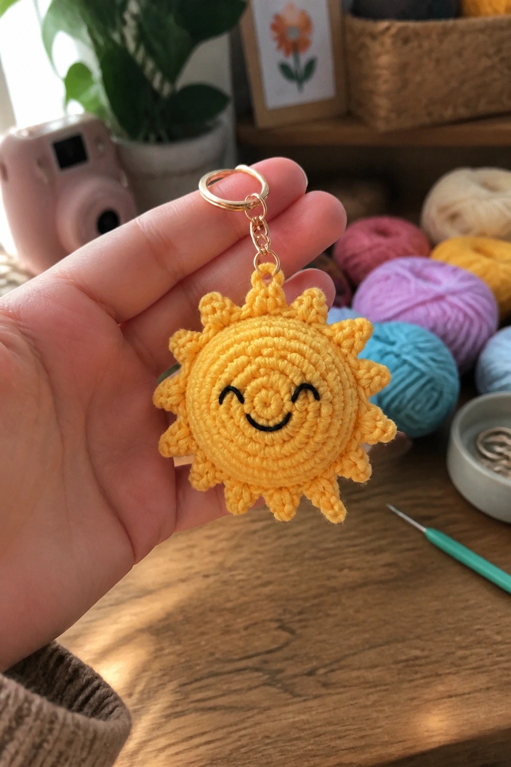 Hand holding yellow crocheted sun keychain with smiling face and gold ring.