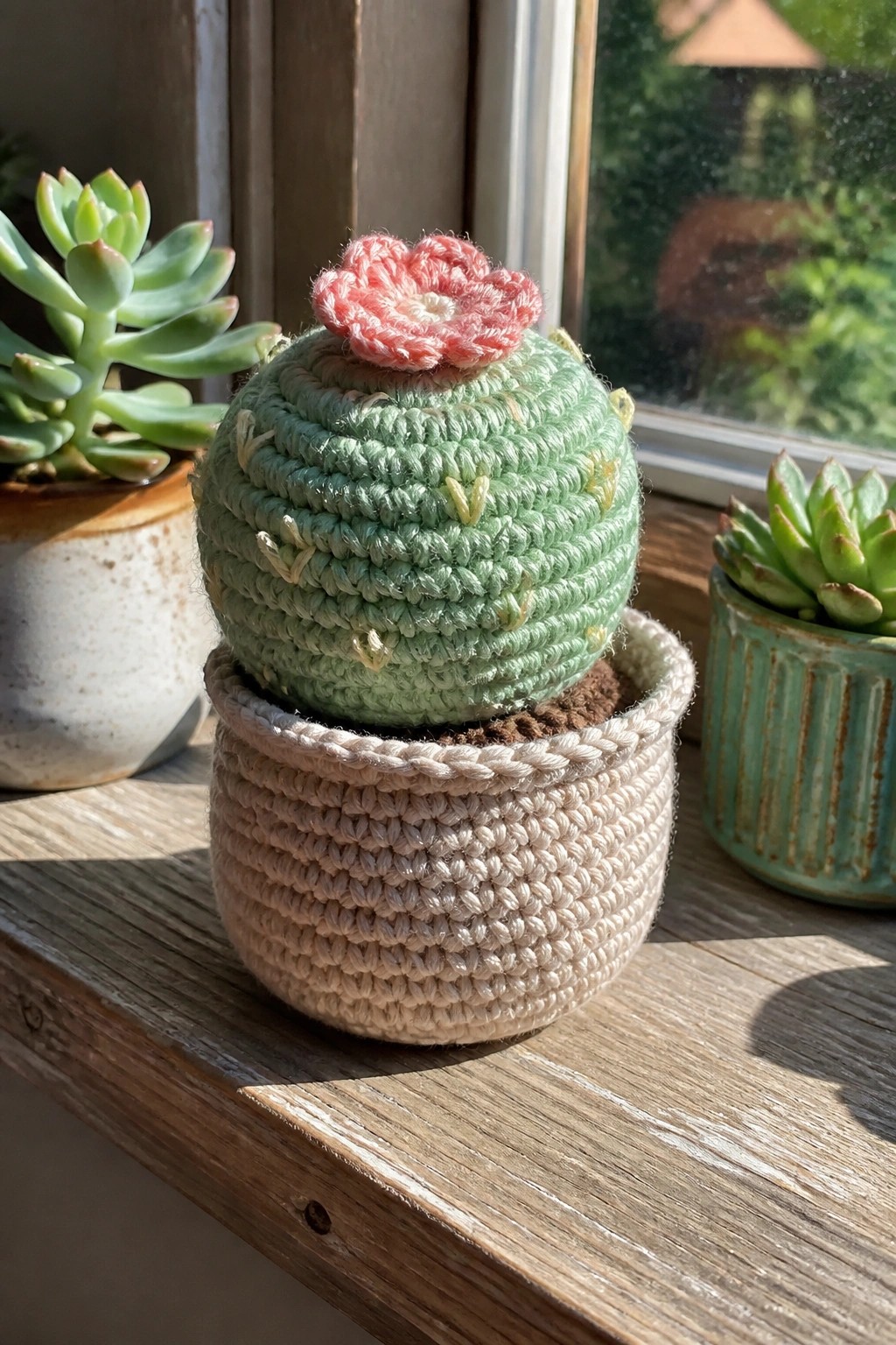 A crocheted green cactus with a pink flower sits in a beige crocheted pot on a wooden windowsill.