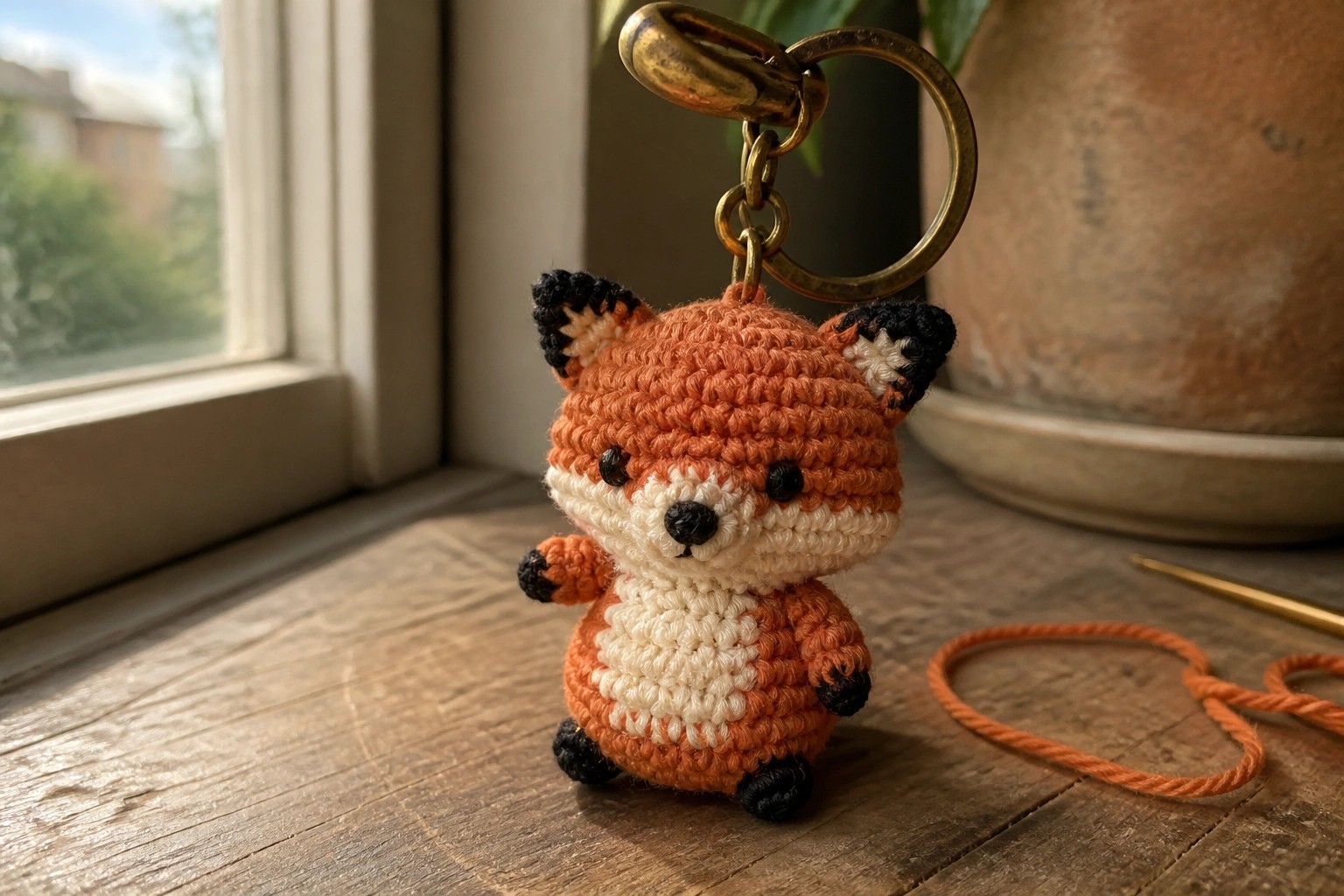 Crocheted orange fox keychain with white belly on wooden windowsill near window