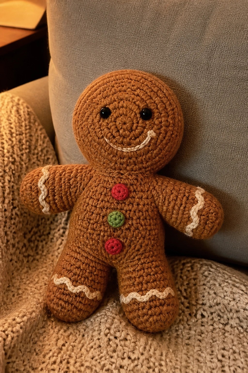 Brown crocheted gingerbread man with white trim, black eyes, and red-green buttons