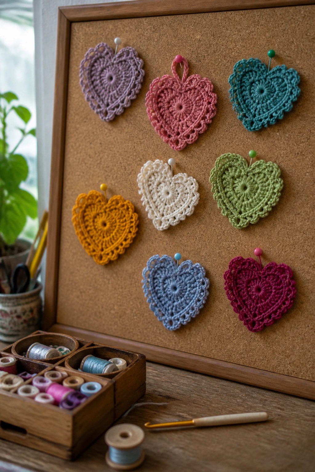 Colorful crocheted hearts pinned to a corkboard above thread spools and hook.