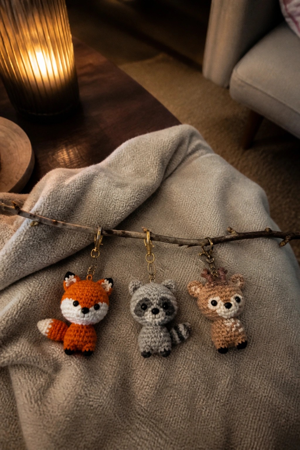 Crocheted fox, raccoon, and deer keychains dangling from a twig on fabric