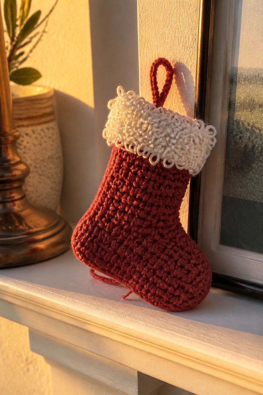 Red crocheted Christmas stocking with white cuff on sunny windowsill.