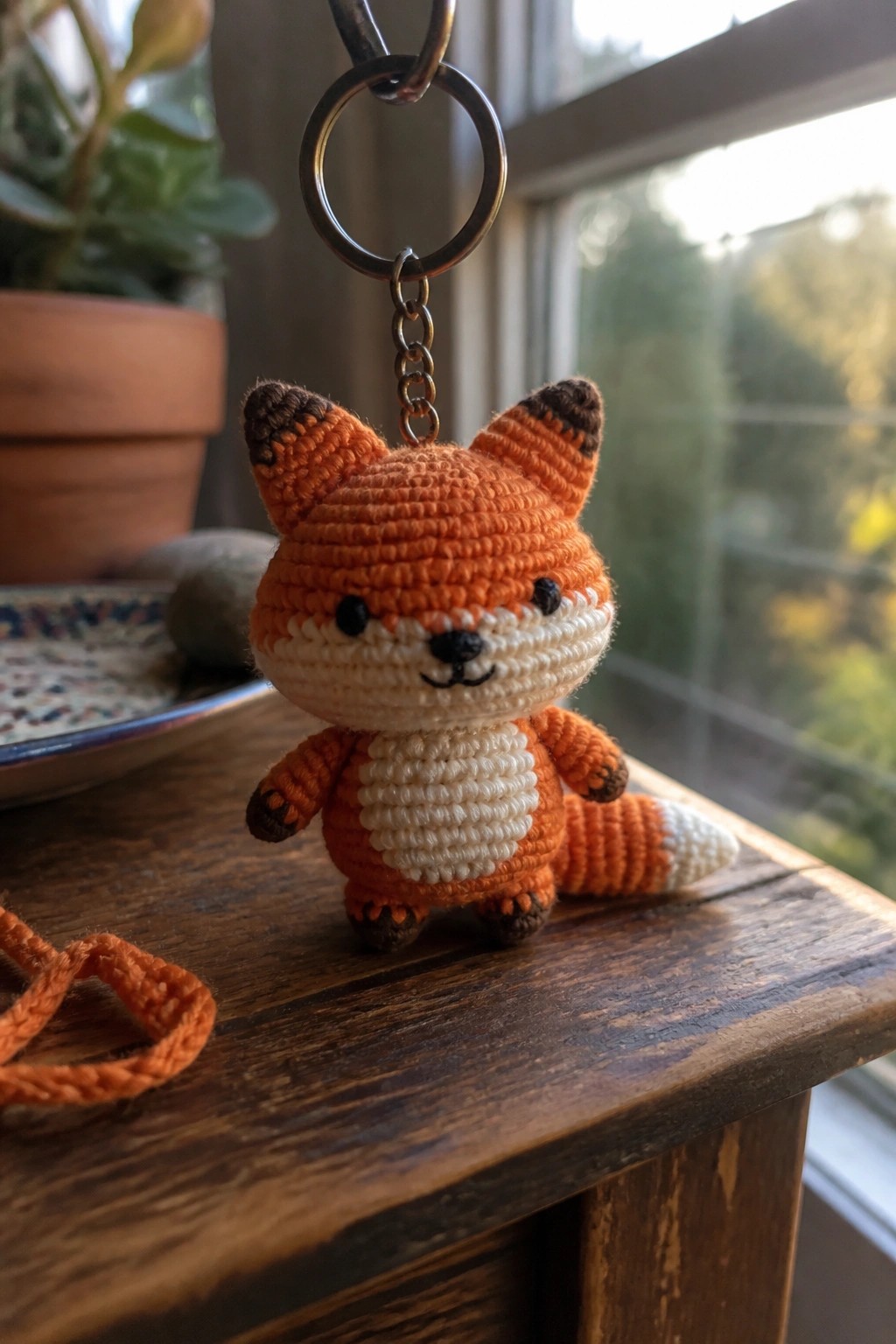 Crocheted orange fox keychain with white belly on wooden windowsill near window