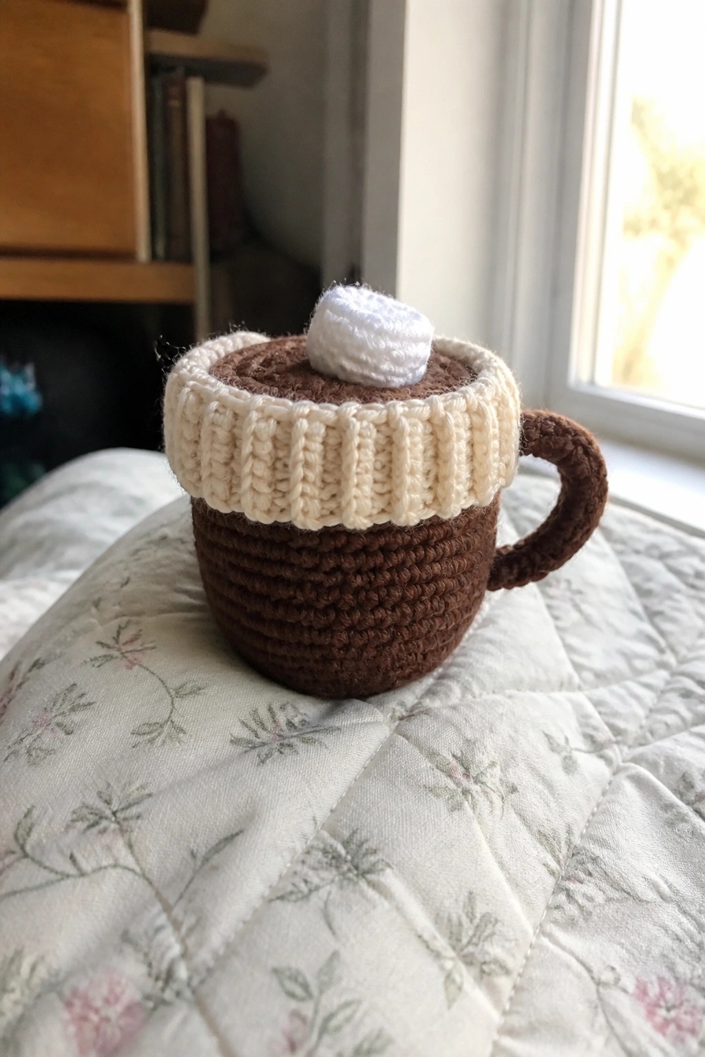 Brown crocheted mug with cream rim, marshmallow top on floral quilt