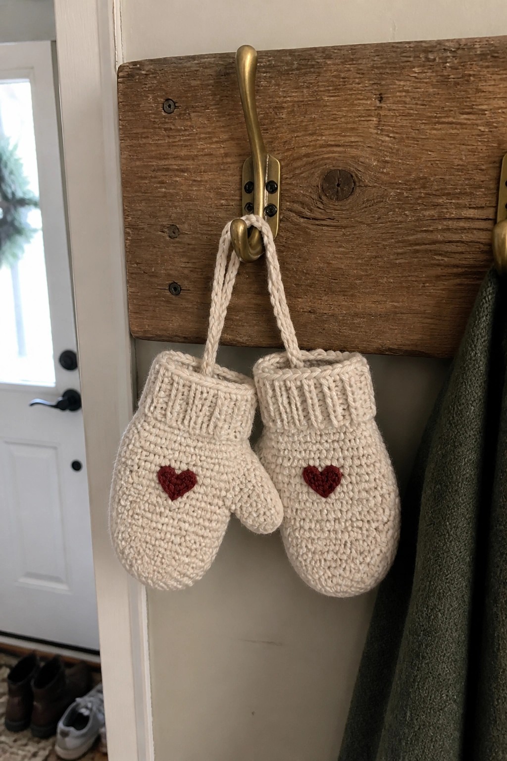 Two white knitted mittens with red hearts hanging from brass hook on wood