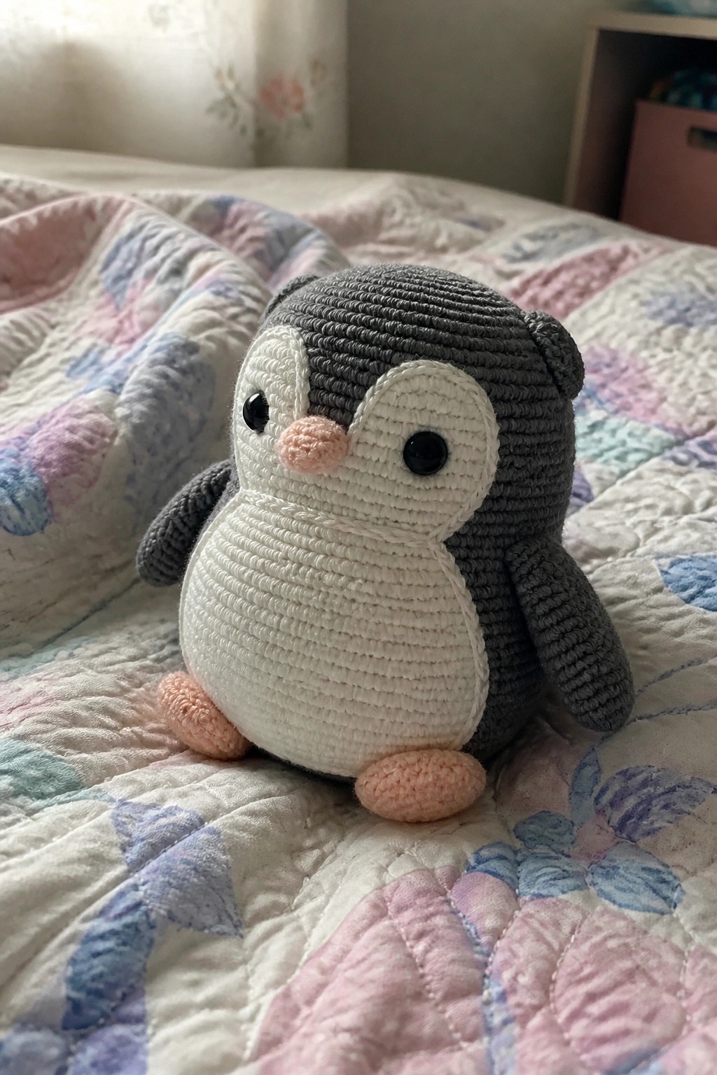 Crocheted gray and white penguin toy with pink beak on floral quilt