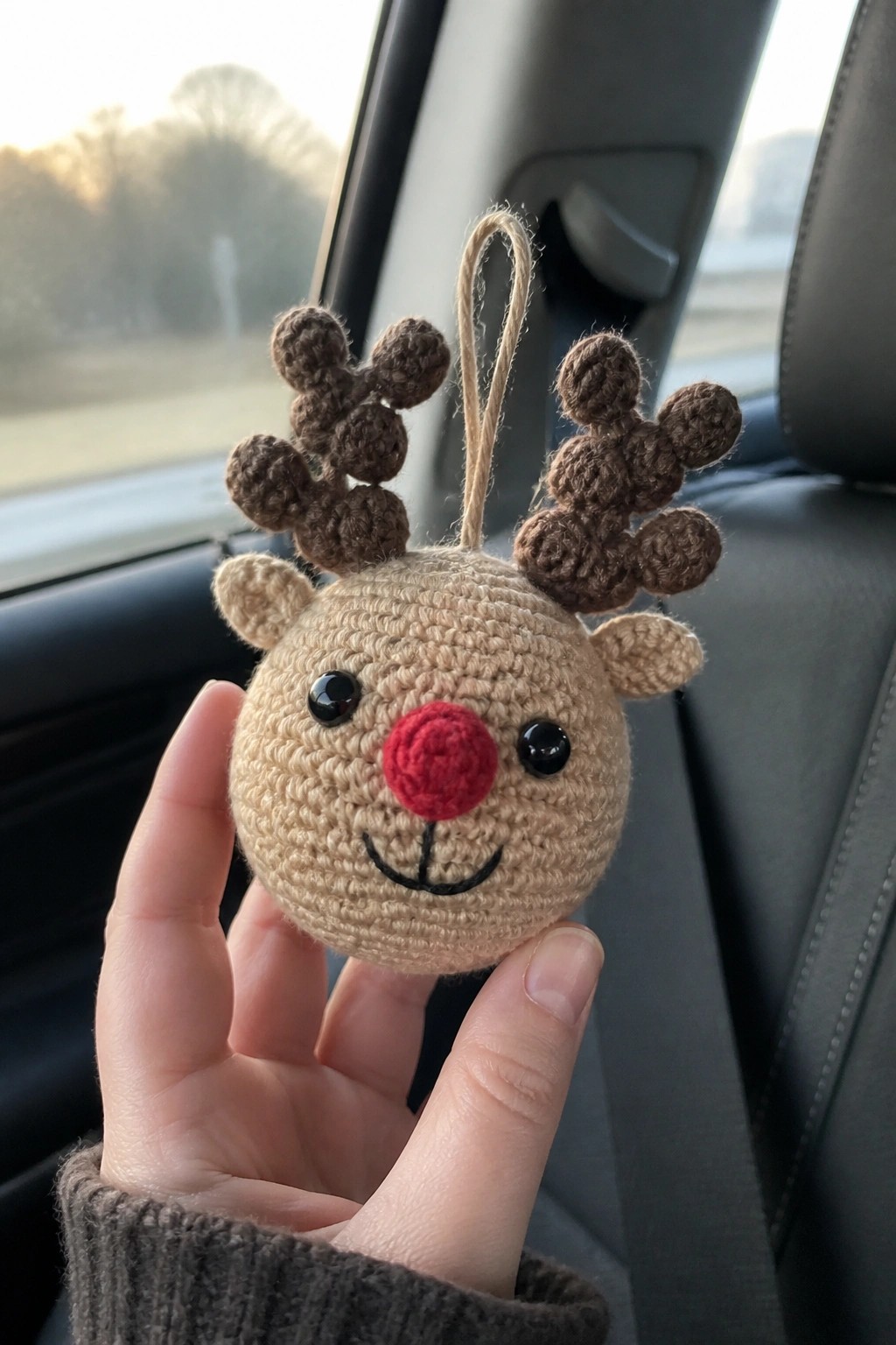 Hand holding crocheted reindeer ornament with brown antlers and red nose in car
