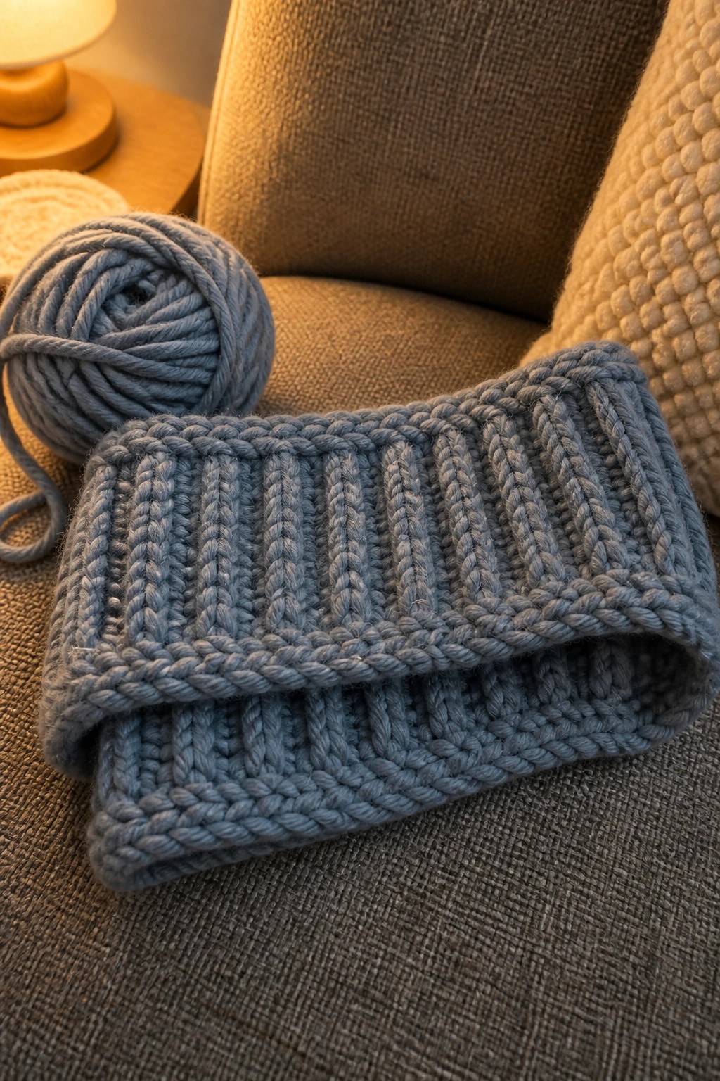 Blue chunky knit scarf and yarn ball on gray upholstered chair
