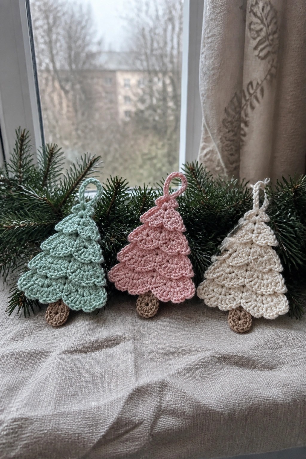 Three pastel crocheted Christmas trees on windowsill with pine branches.