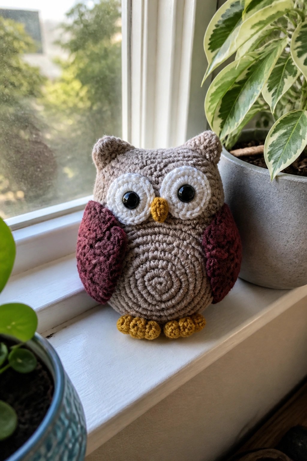 Crocheted owl with brown spiral body, white eyes, maroon wings on windowsill