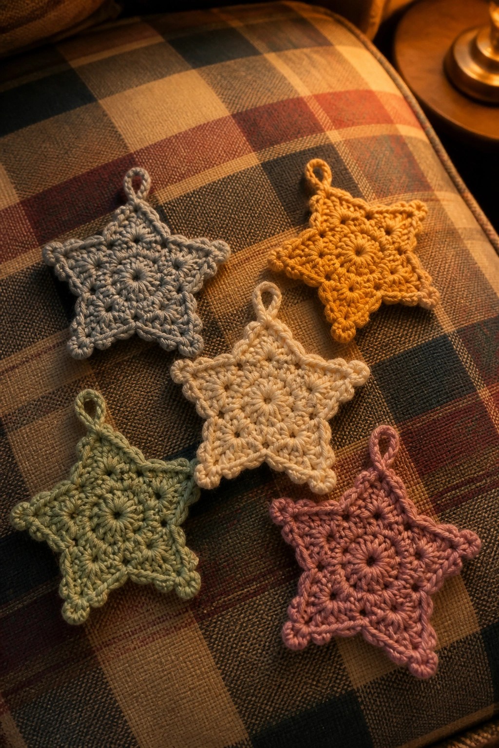 Five colorful crocheted star ornaments with loops on plaid fabric.