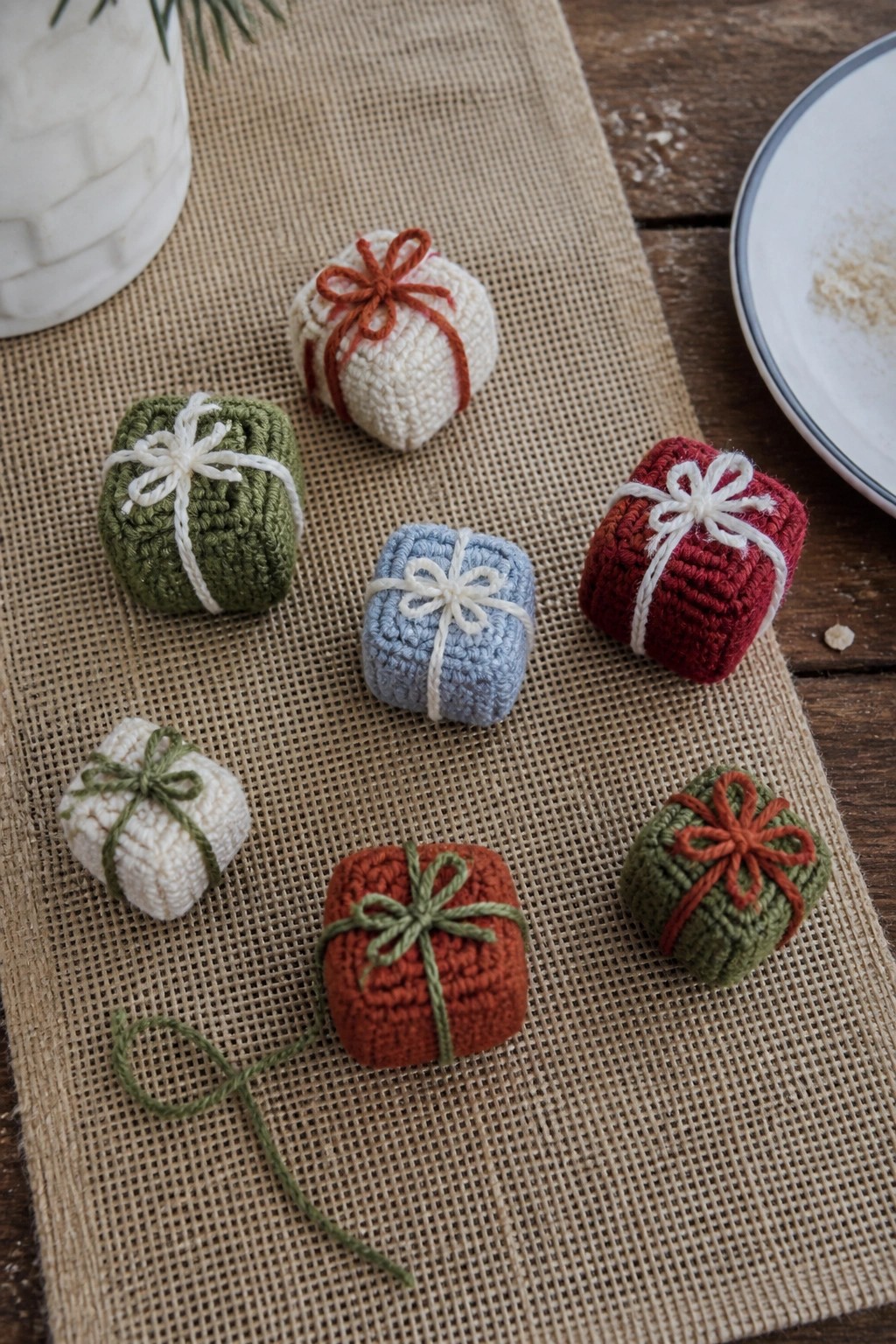 Colorful crocheted gift boxes with bows on burlap fabric runner