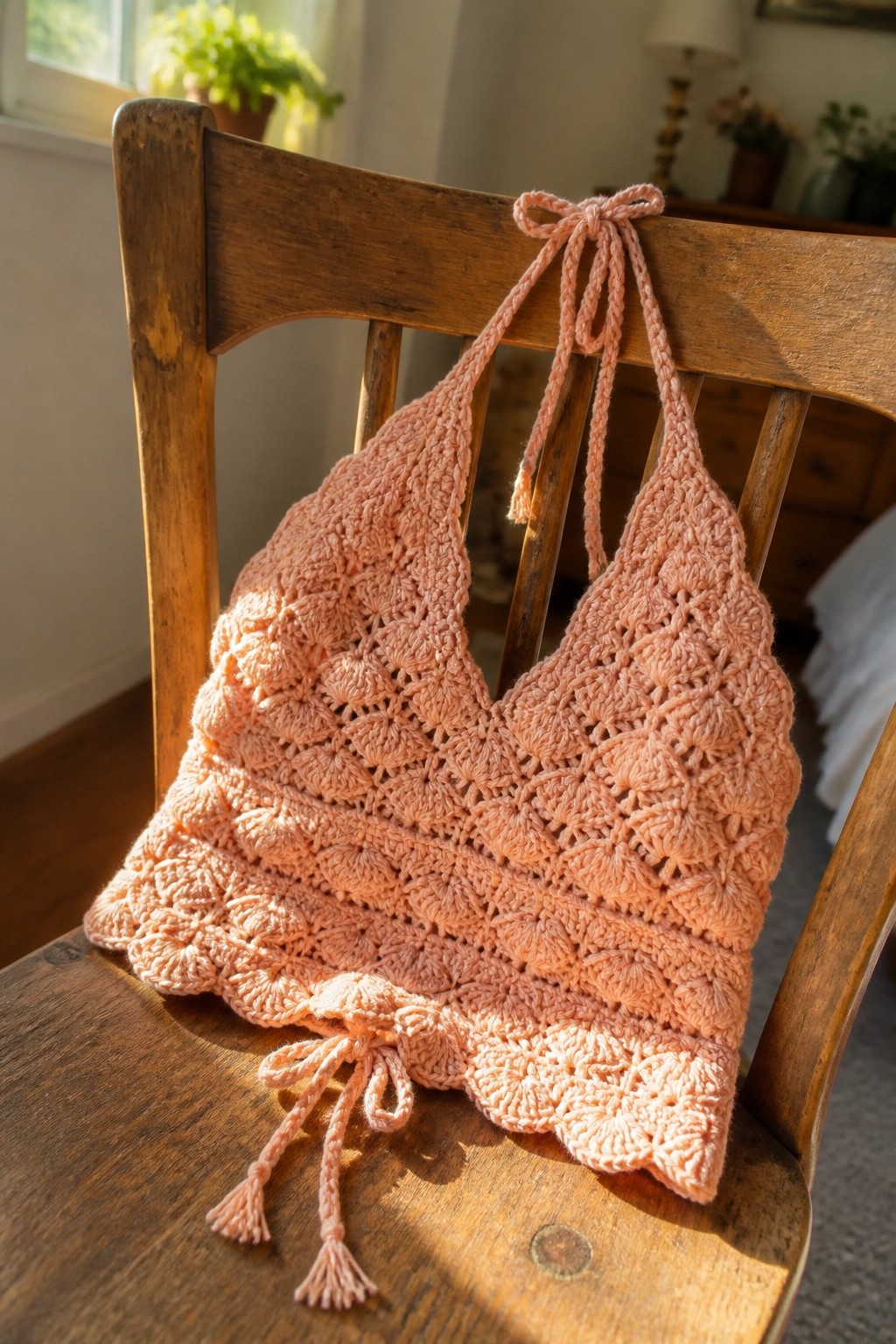 Peach crocheted halter top with scalloped edges on wooden chair.