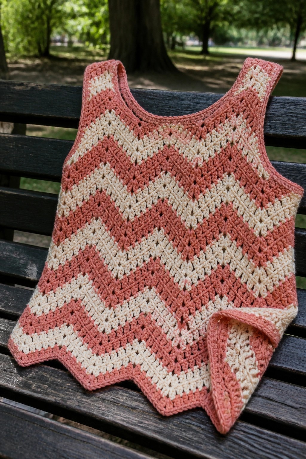 Pink and cream crocheted chevron tank top on wooden park bench