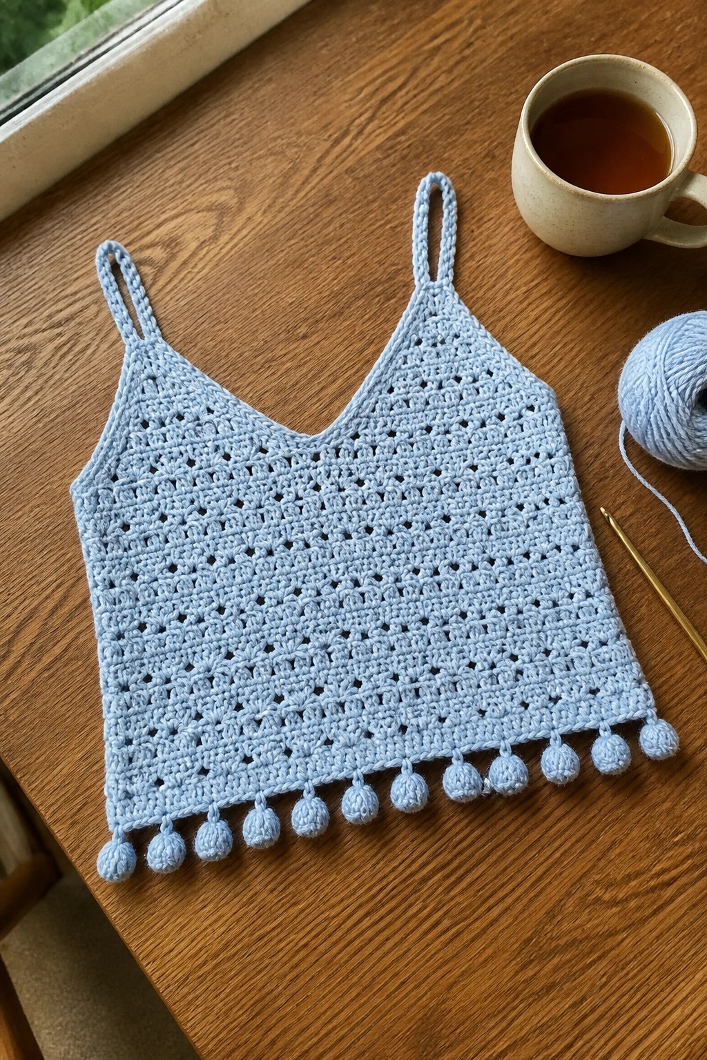 Light blue crocheted camisole with pom-poms on wooden table beside tea and yarn
