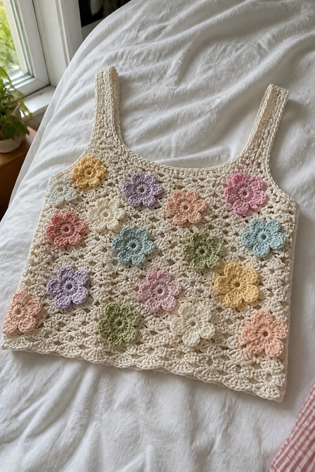 White crocheted tank top with colorful floral appliques on white bedding