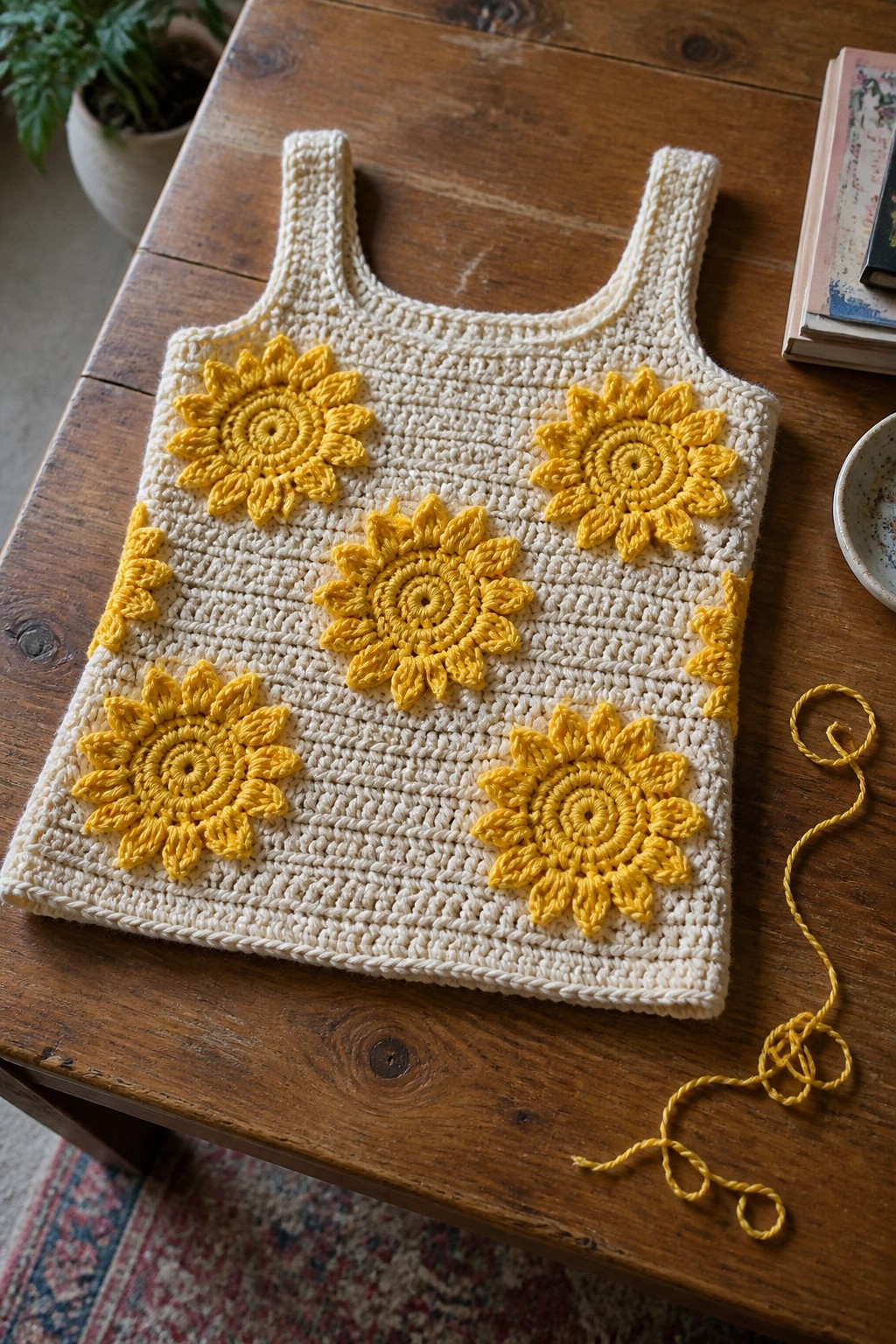 Cream crocheted tank top with yellow sunflowers on wooden table beside yarn.
