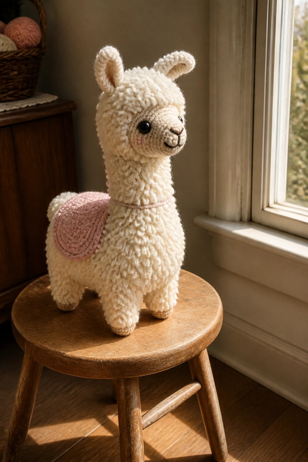 Crocheted white llama with pink saddle on wooden stool by window