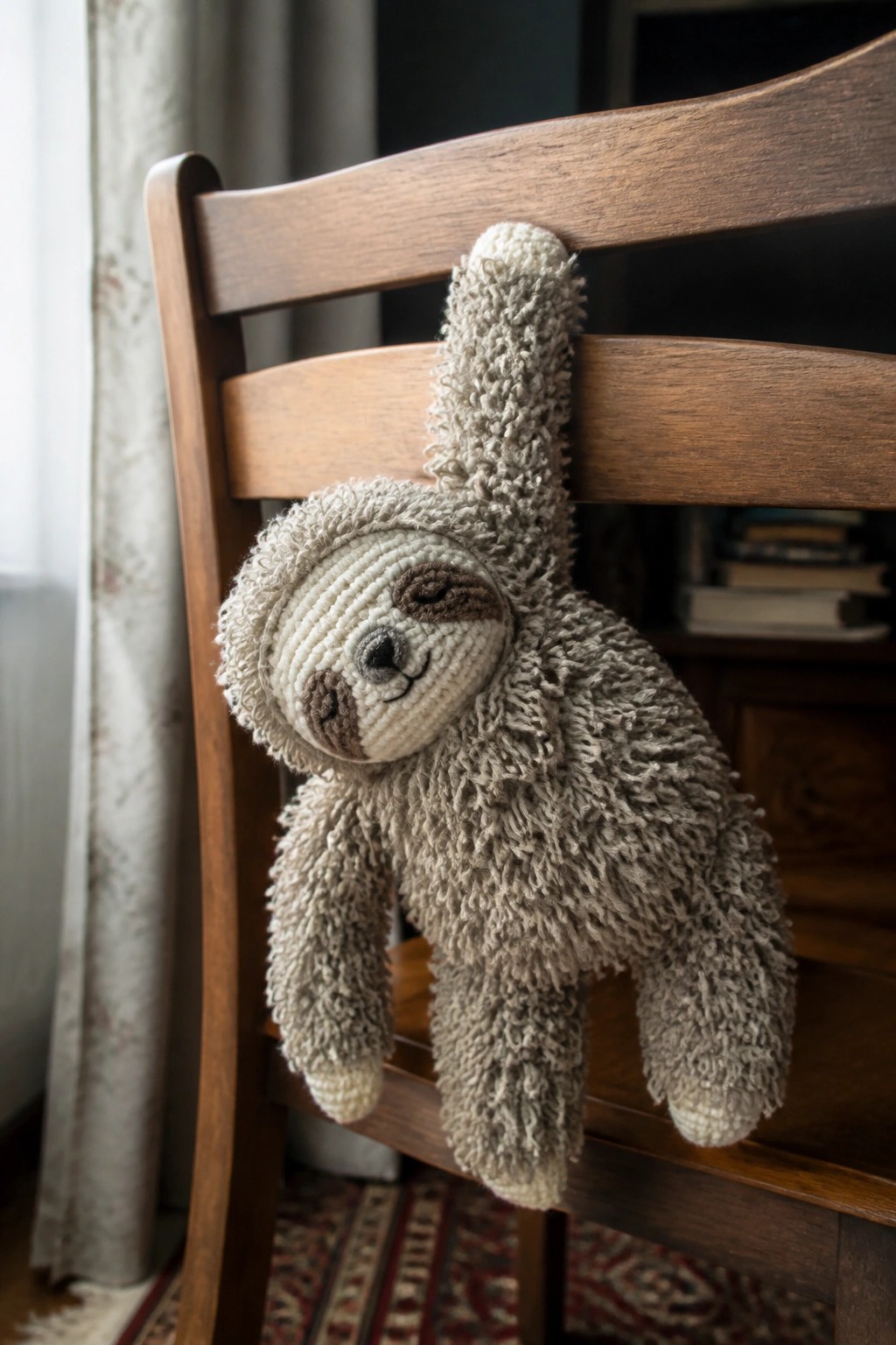 Crocheted sloth plush hanging by one arm from wooden chair