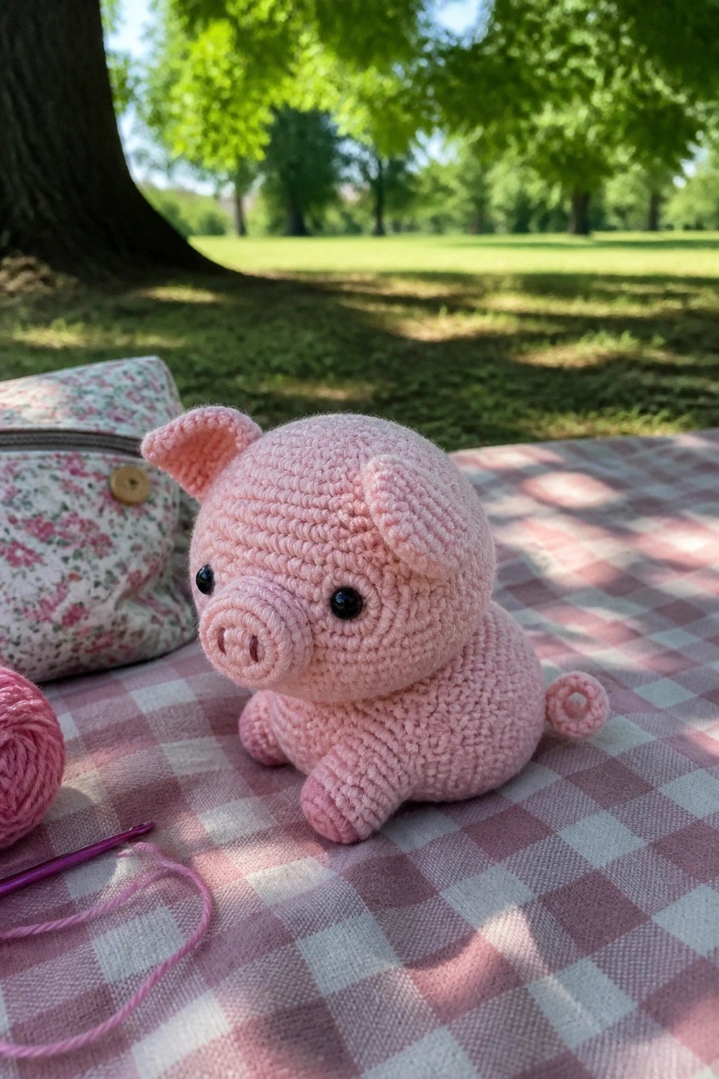 Pink crocheted pig on checkered picnic blanket with yarn, hook, and pouch in park