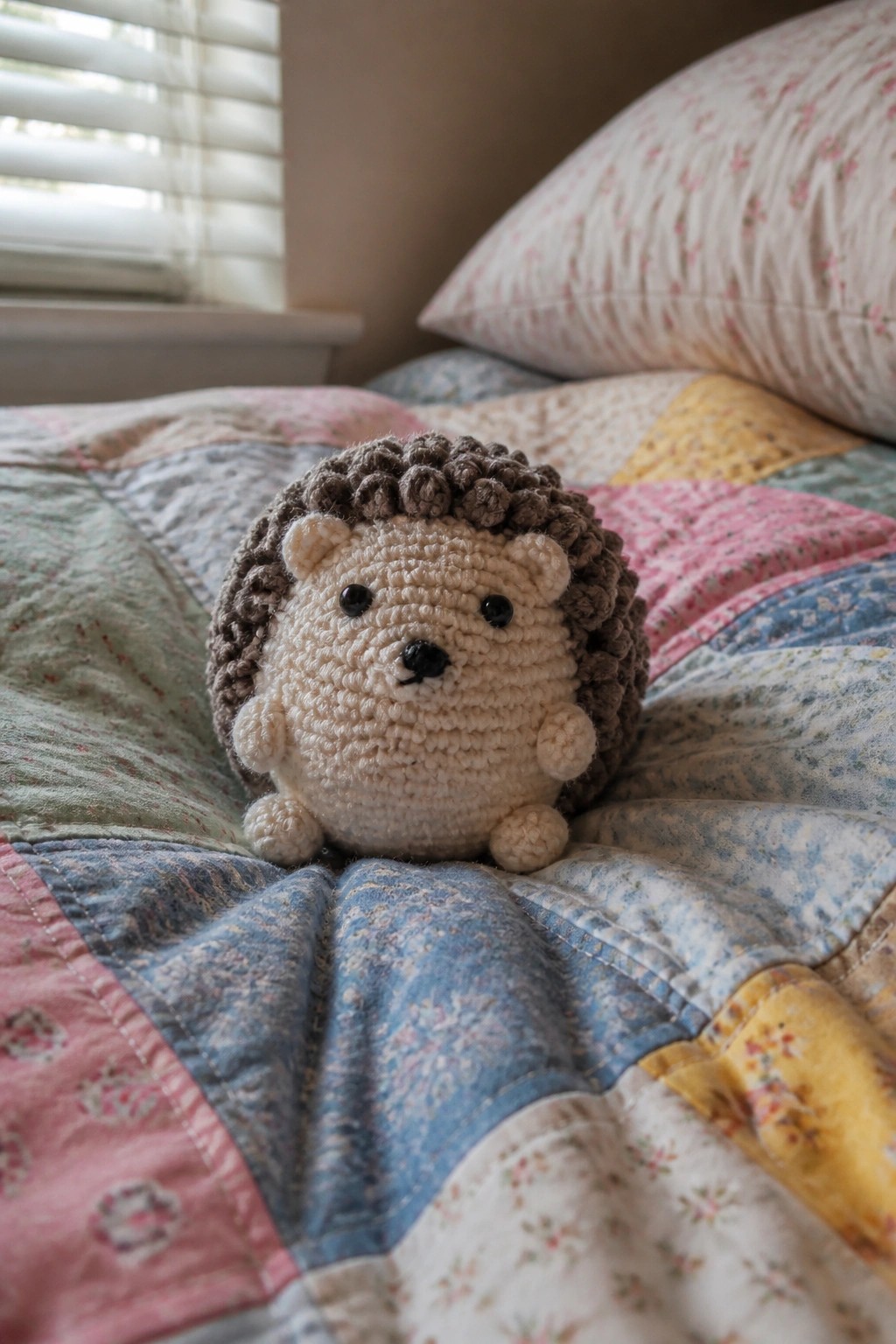 Crocheted hedgehog toy on colorful patchwork quilt atop a bed
