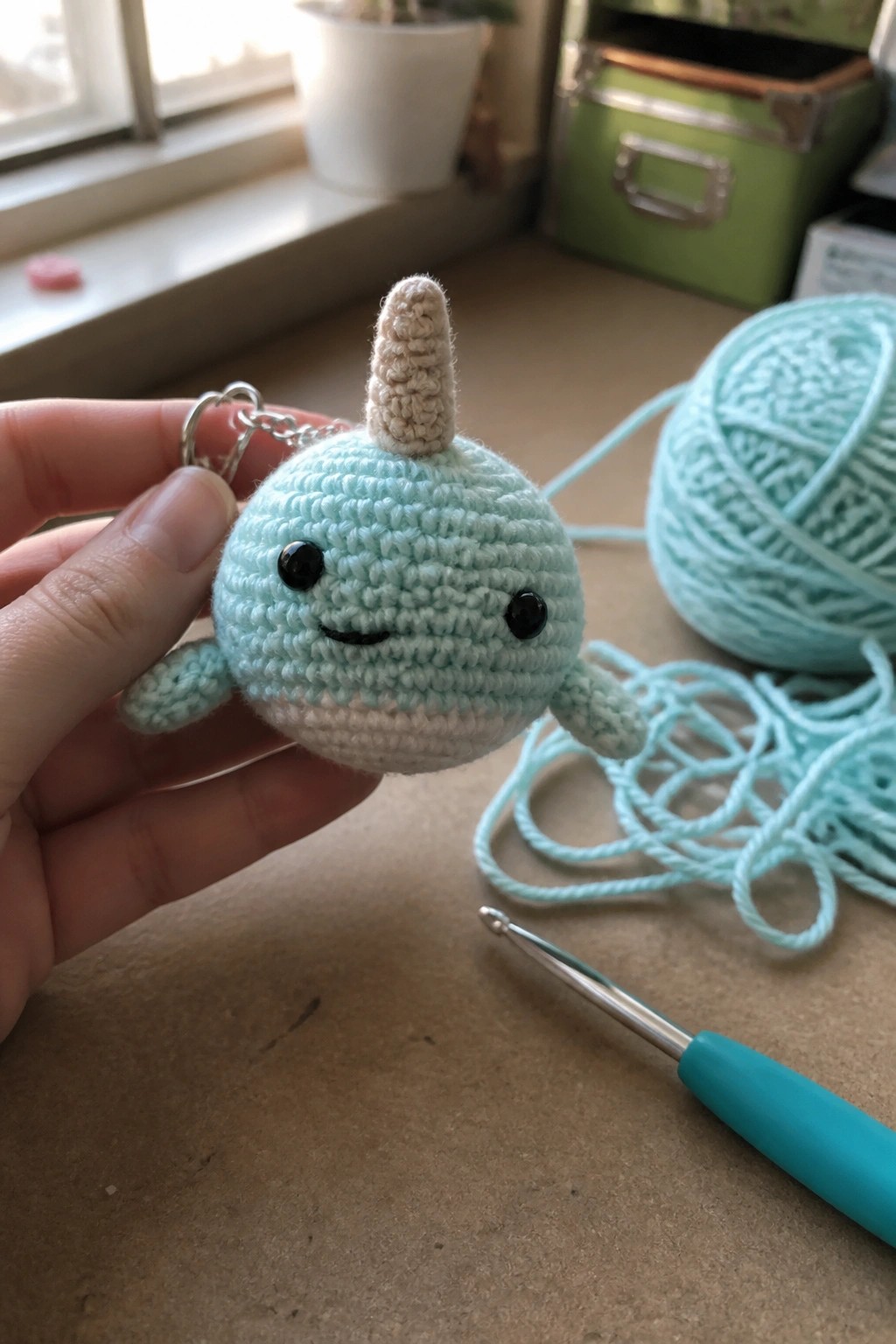 A hand holds a small light blue crocheted narwhal keychain with a beige horn, black eyes, and a metal keyring attached.