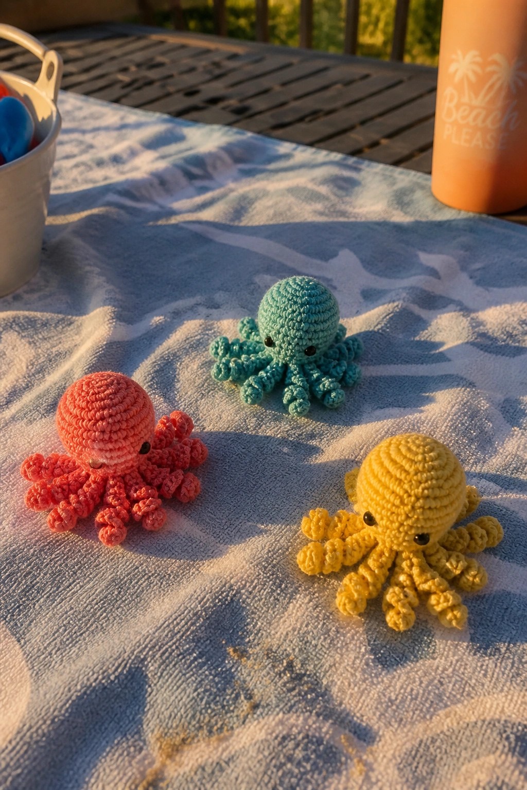 Three small crocheted octopuses in red, teal, and yellow rest on a blue and white towel.
